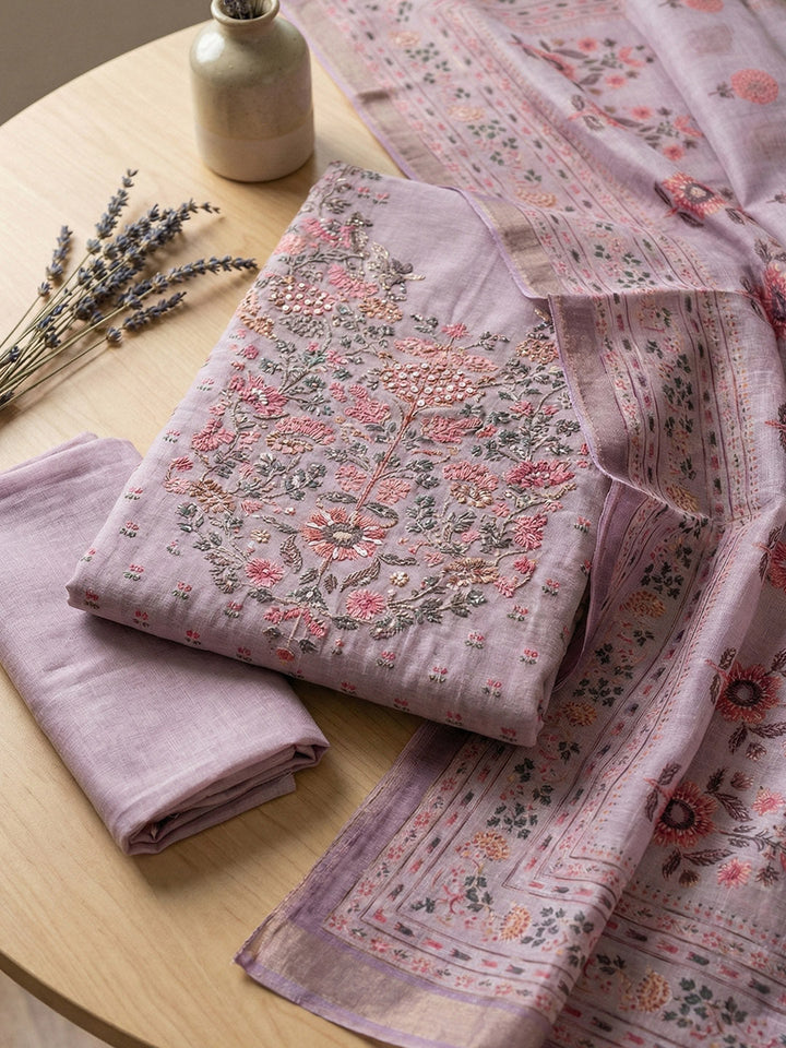 Embroidered Cotton Blend Unstitched Suit With Pant &amp; Dupatta