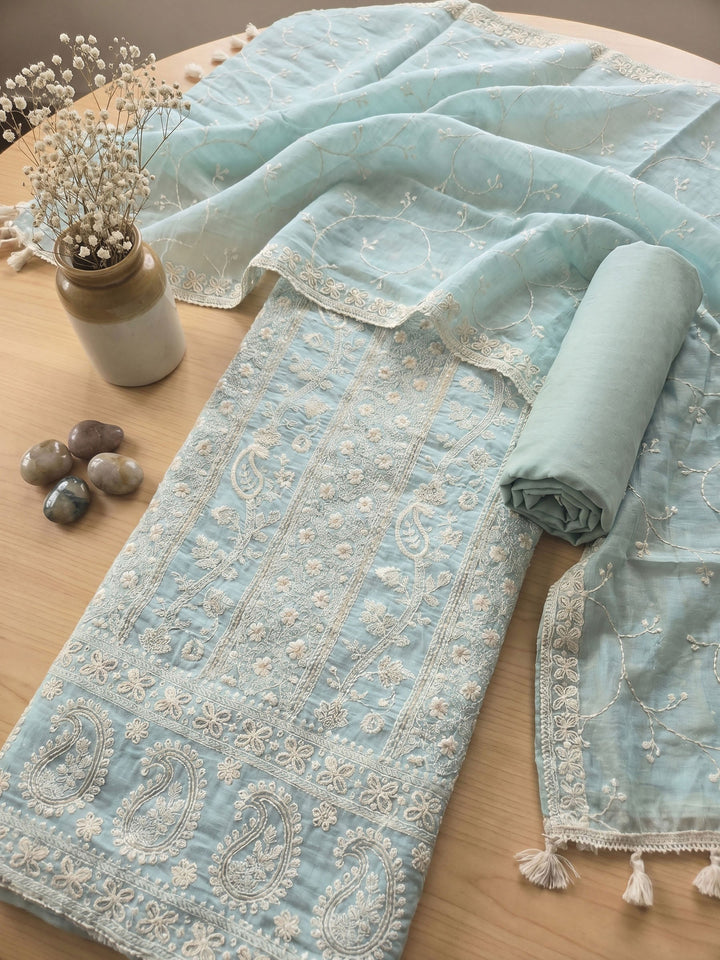 Thread Embroidered Cotton Blend Unstitched Suit With Dupatta