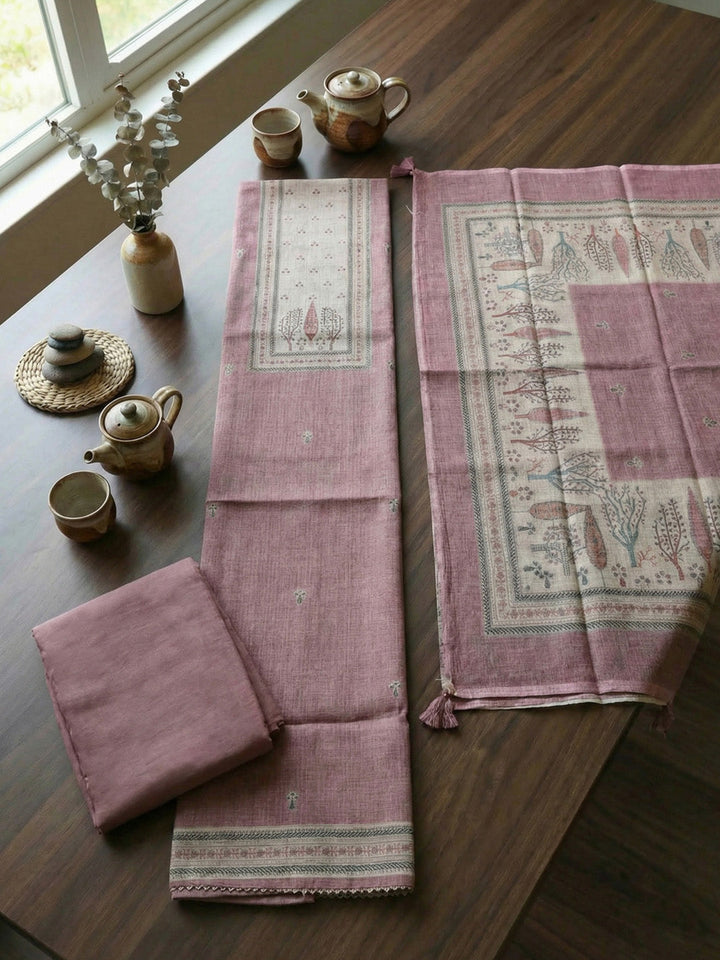 Printed Linen Blend Unstitched Suit With Pant &amp; Dupatta