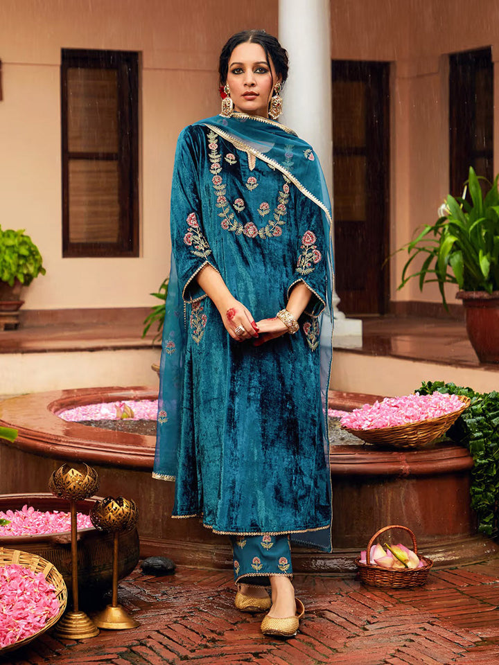 Embroidered Velvet Kurta With Pants &amp; Dupatta