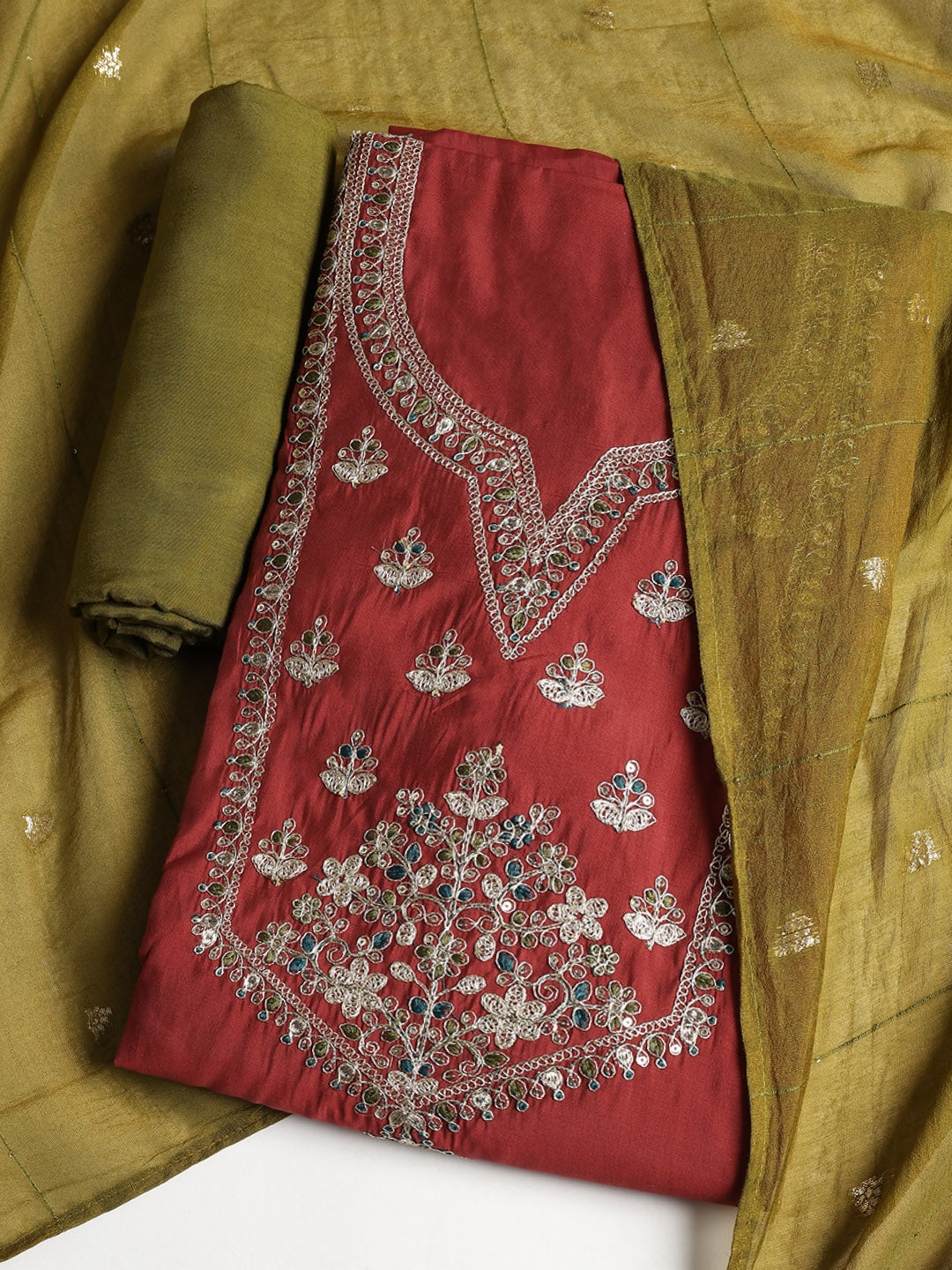 Neck Embroidered Chanderi Unstitched Suit With Dupatta