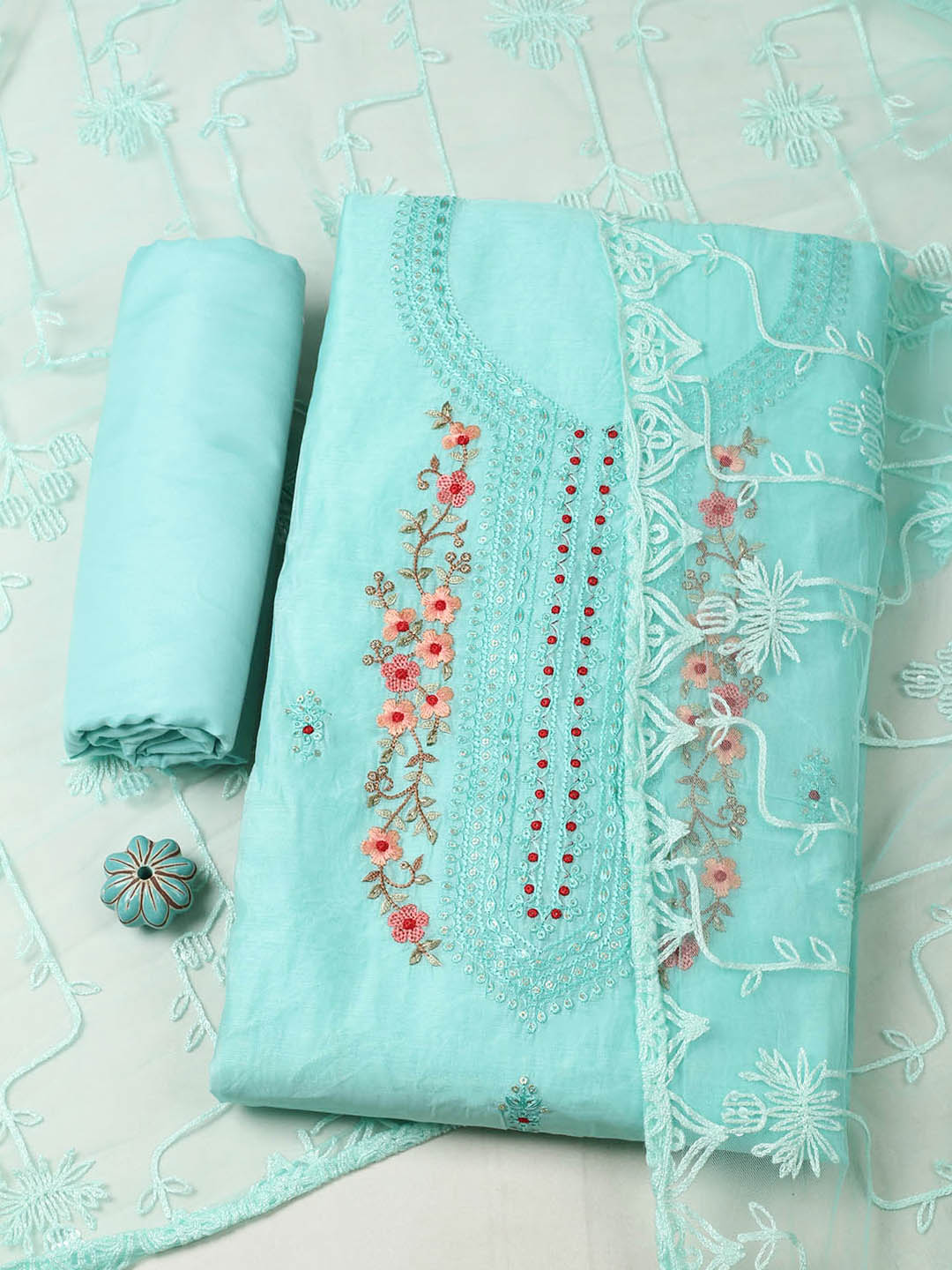 Embroidered Chanderi Unstitched Suit With Pant &amp; Dupatta