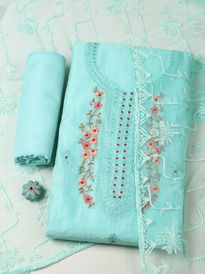 Embroidered Chanderi Unstitched Suit With Pant &amp; Dupatta