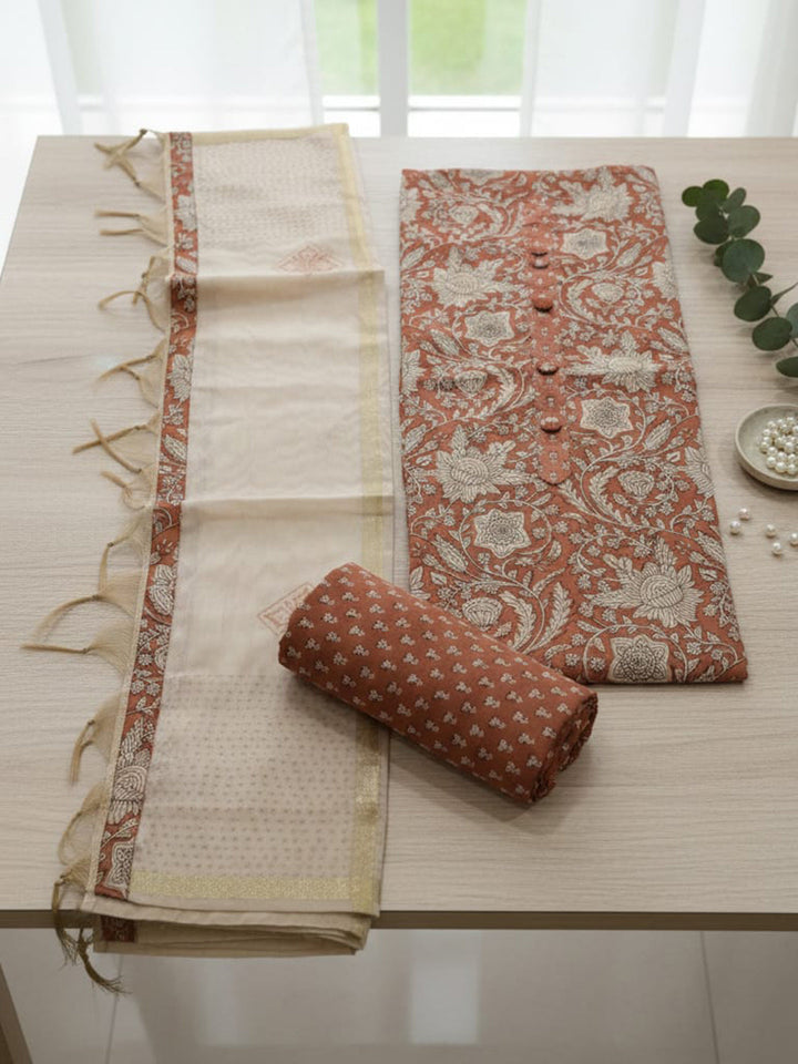 Printed Cotton Blend Unstitched Suit With Pant &amp; Dupatta