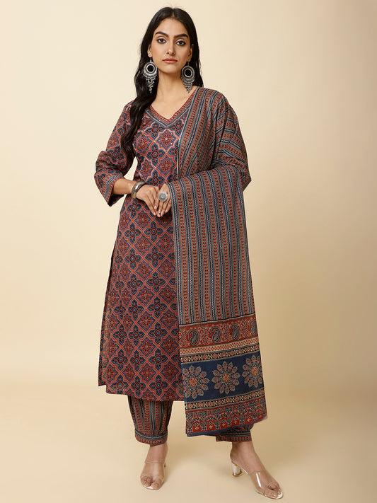All Over Block Print Cotton Suit Set With Dupatta