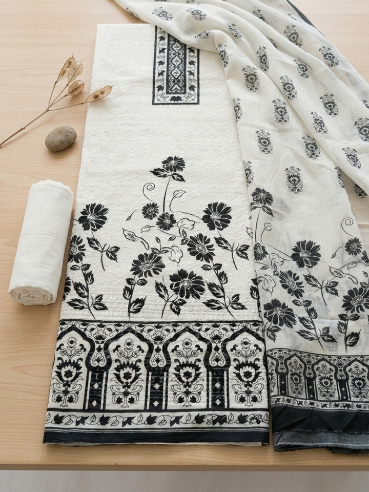 Printed Cotton Blend Unstitched Suit With Pant &amp; Dupatta