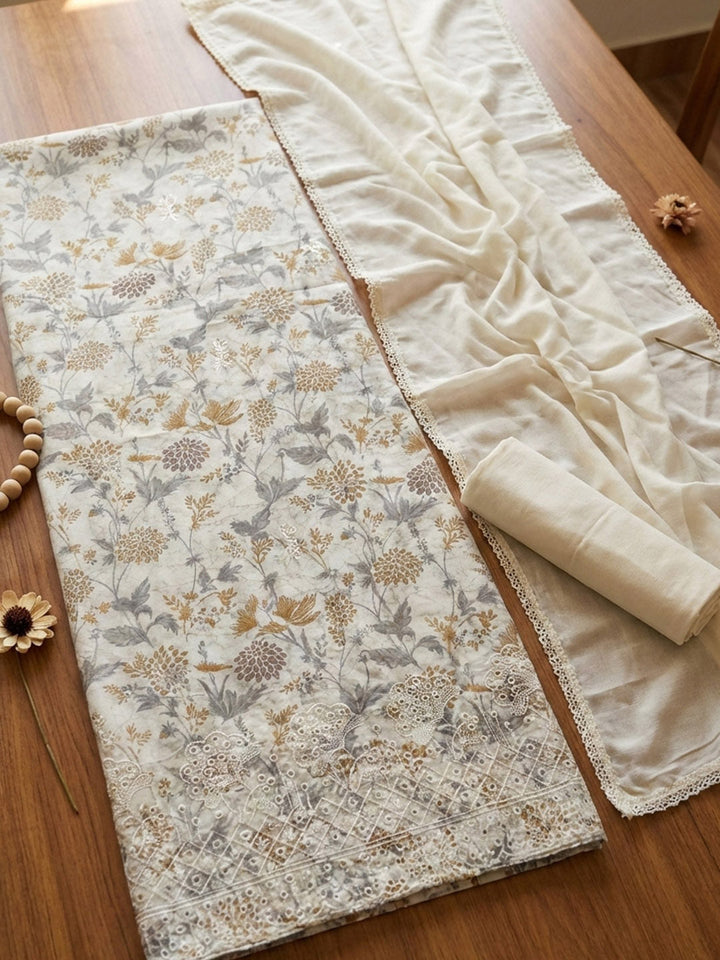 Embroidered Cotton Blend Unstitched Suit With Pant &amp; Dupatta