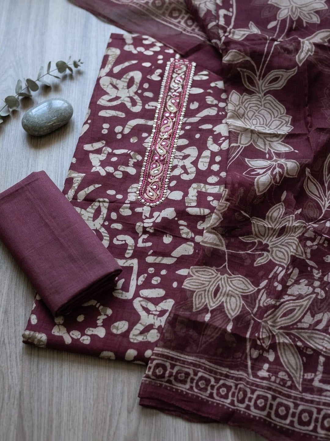 Printed Cotton Blend Unstitched Suit With Pant &amp; Dupatta