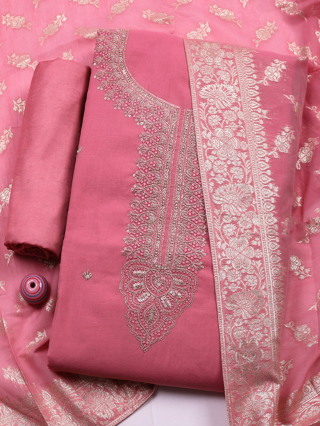 Embroidered Chanderi Unstitched Suit With Dupatta