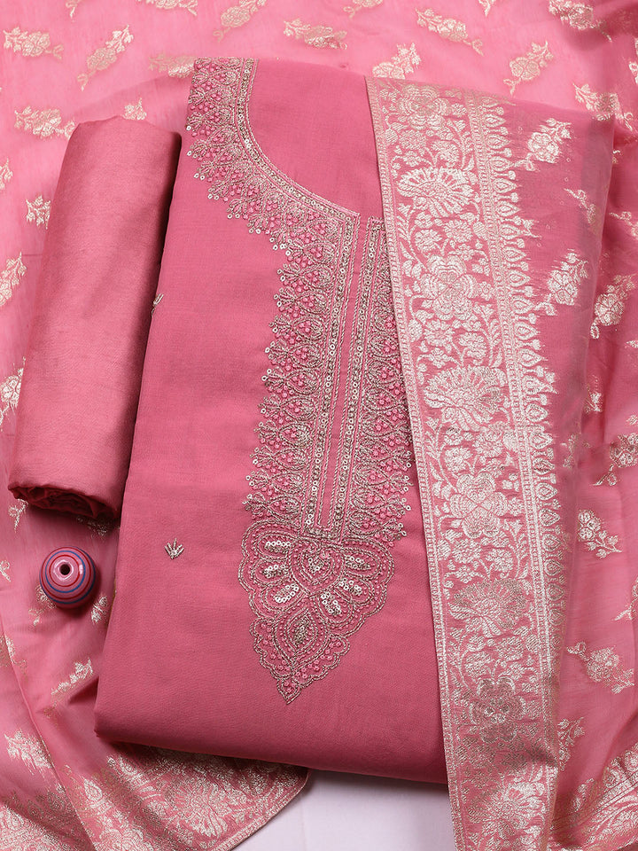 Embroidered Chanderi Unstitched Suit With Dupatta