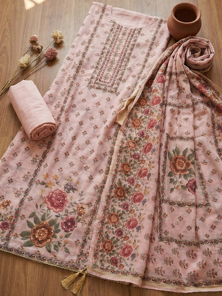Embroidered Cotton Blend Unstitched Suit With Pant &amp; Dupatta