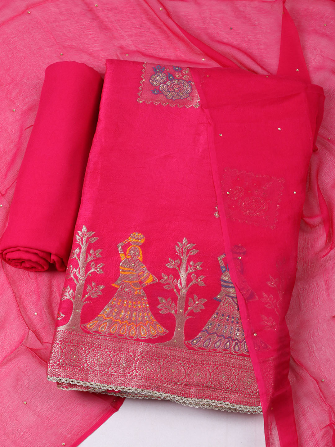 Woven Design Chanderi Unstitched Suit With Pant &amp; Dupatta