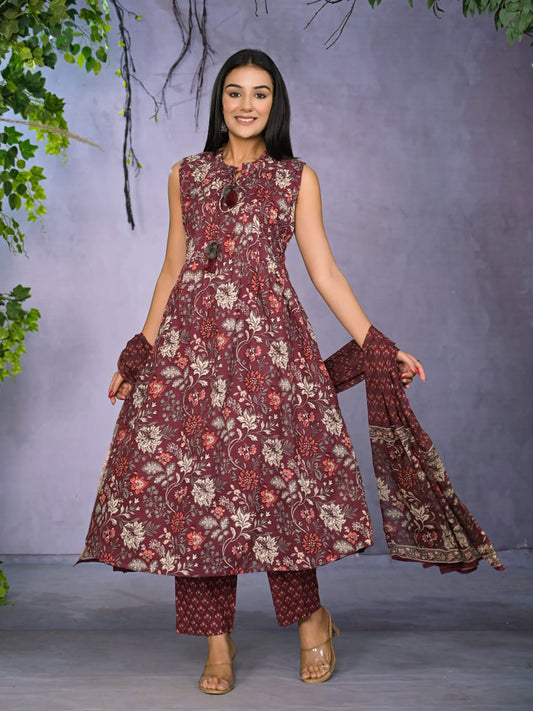 Floral Printed Cotton Kurta With Pants & Dupatta