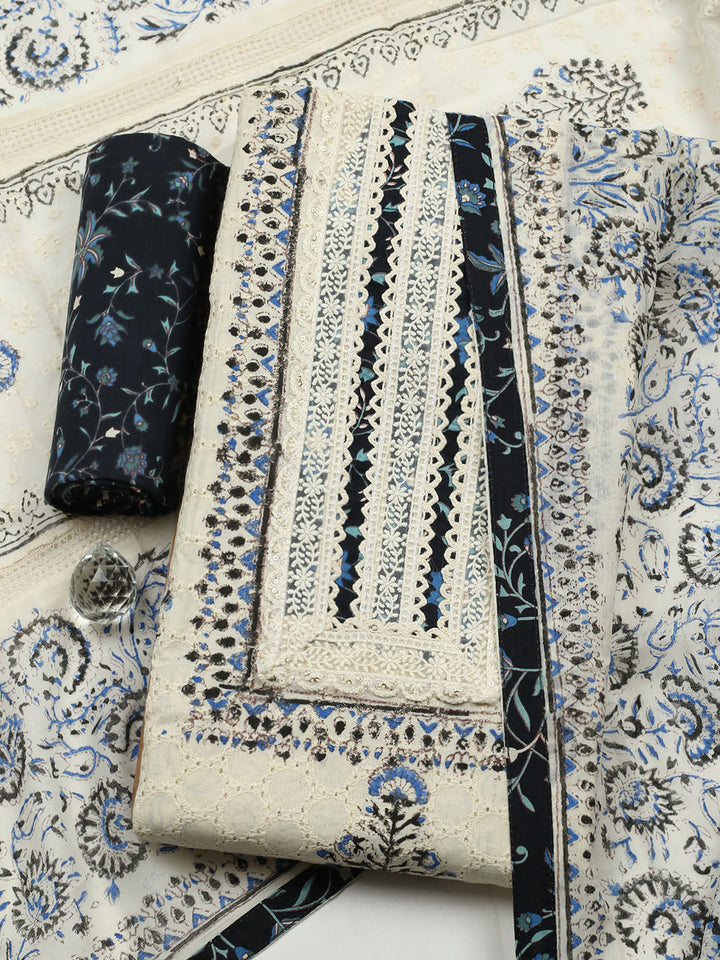 Printed Cotton Blend Unstitched Suit With Pant &amp; Dupatta