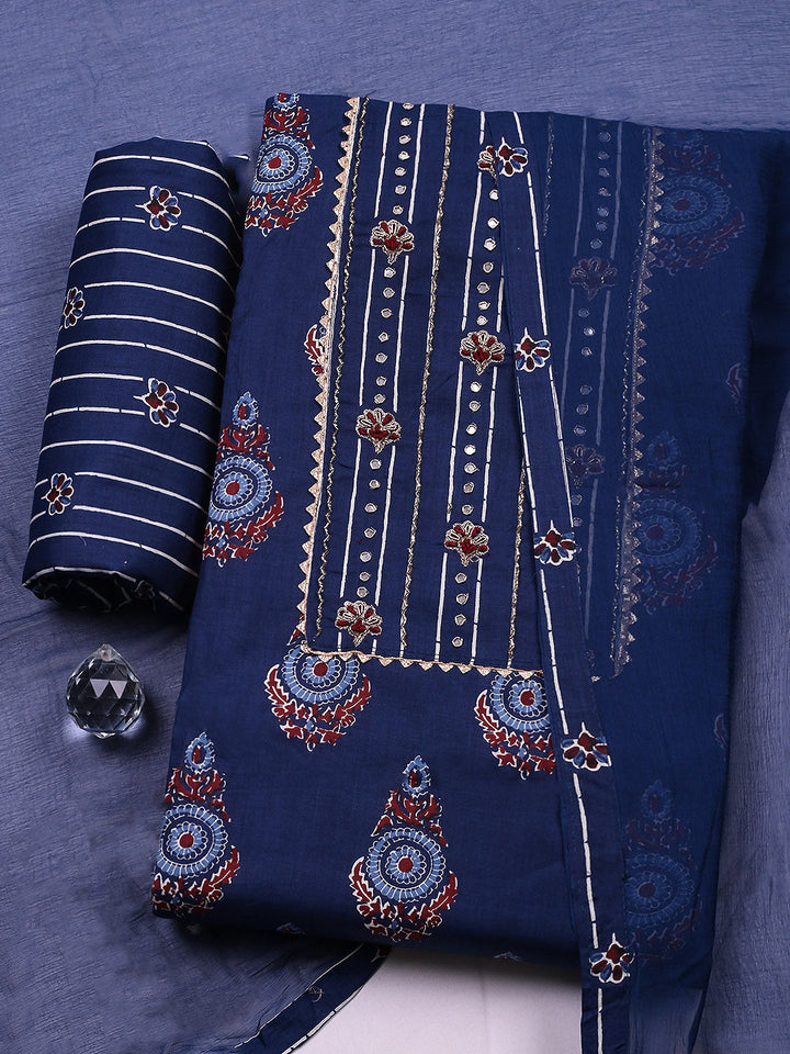 Embroidered Cotton Blend Unstitched Suit With Pant &amp; Dupatta