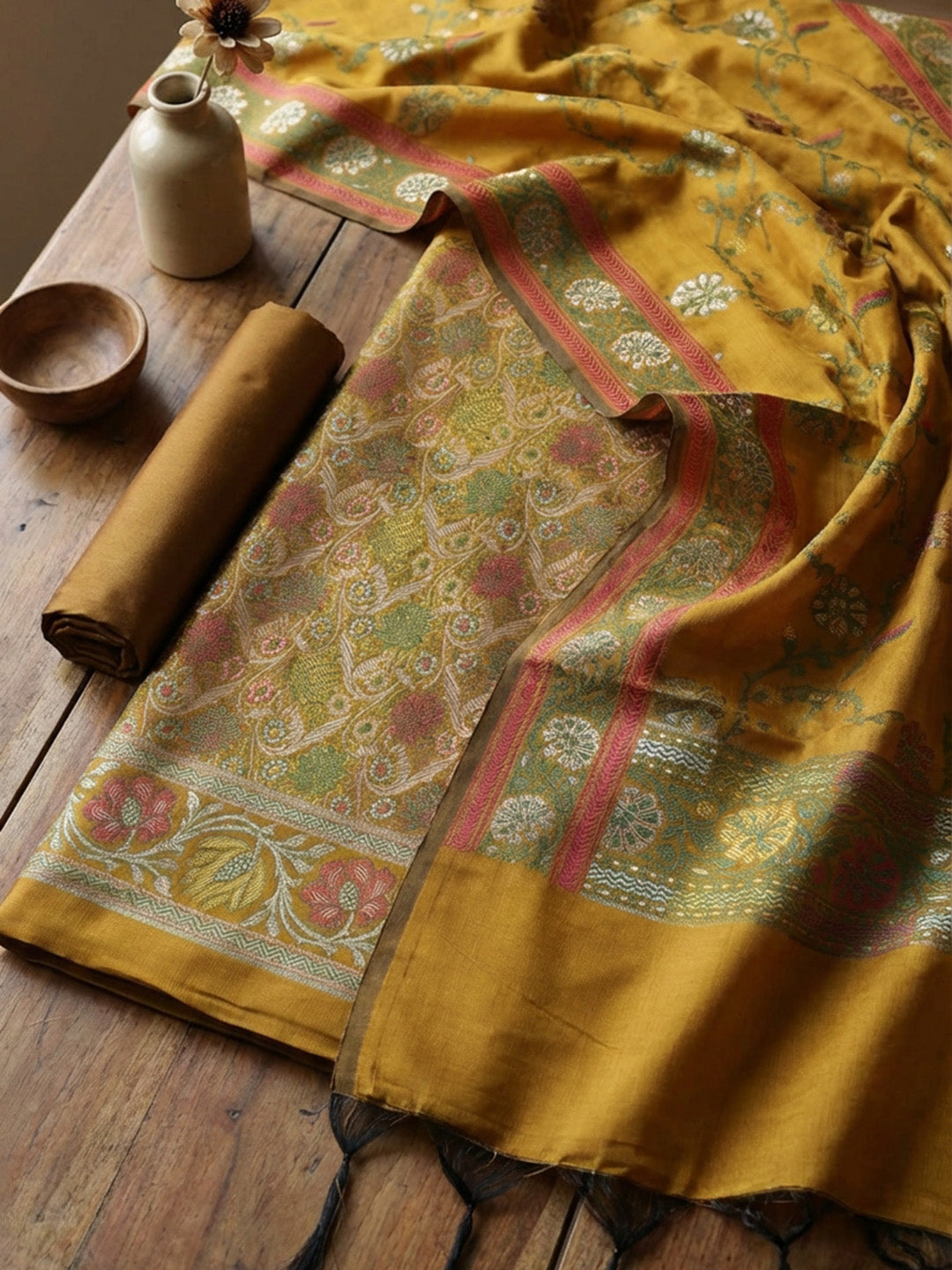 Woven Design Chanderi Unstitched Suit With Pant &amp; Dupatta
