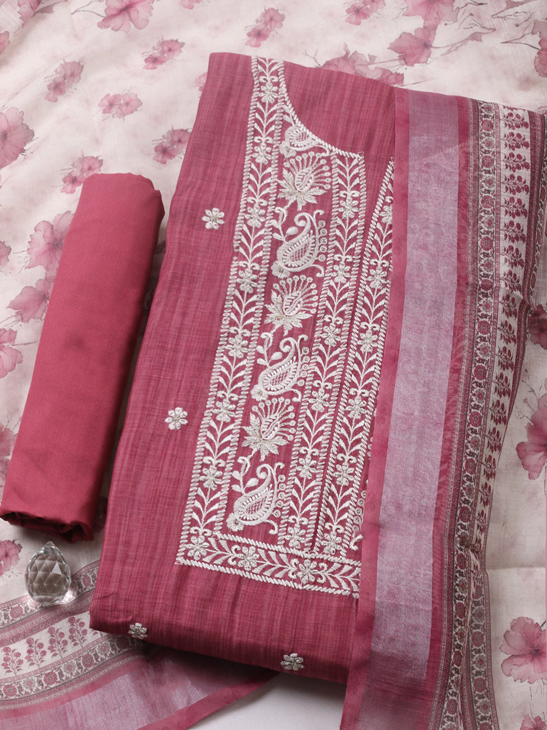 Embroidered Linen Blend Unstitched Suit With Pant &amp; Dupatta