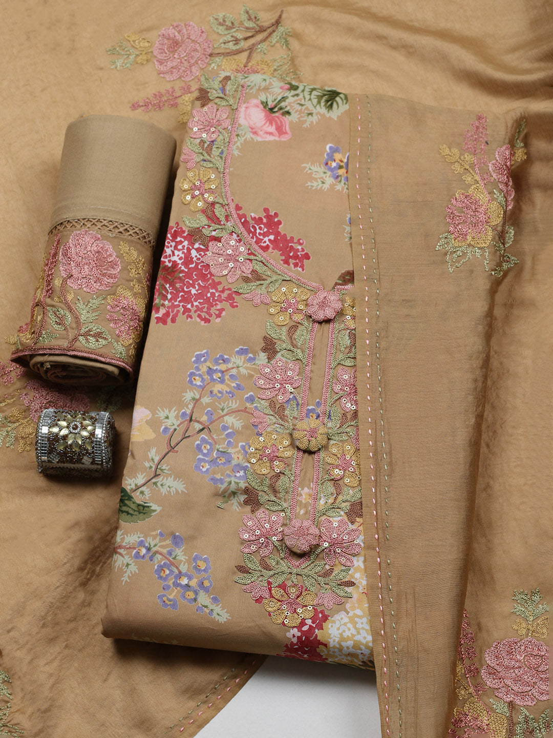 Embroidered Muslin Unstitched Suit With Pant &amp; Dupatta