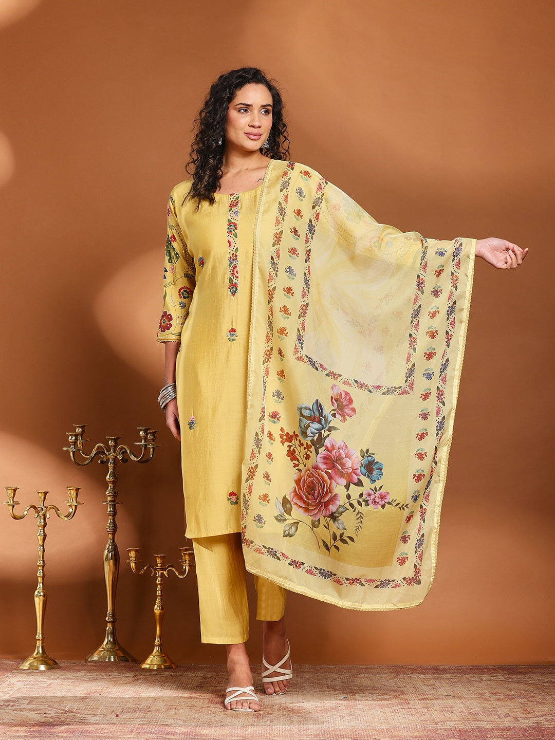 Embroidered Cotton Blend Kurta With Pant &amp; Dupatta