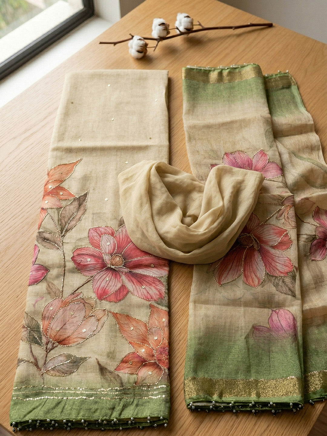 Embroidered Linen Blend Unstitched Suit With Pant &amp; Dupatta