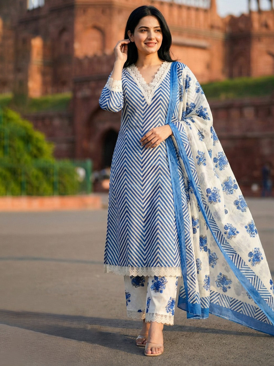 Blue Printed Cotton Blend Straight Suit Set With Dupatta