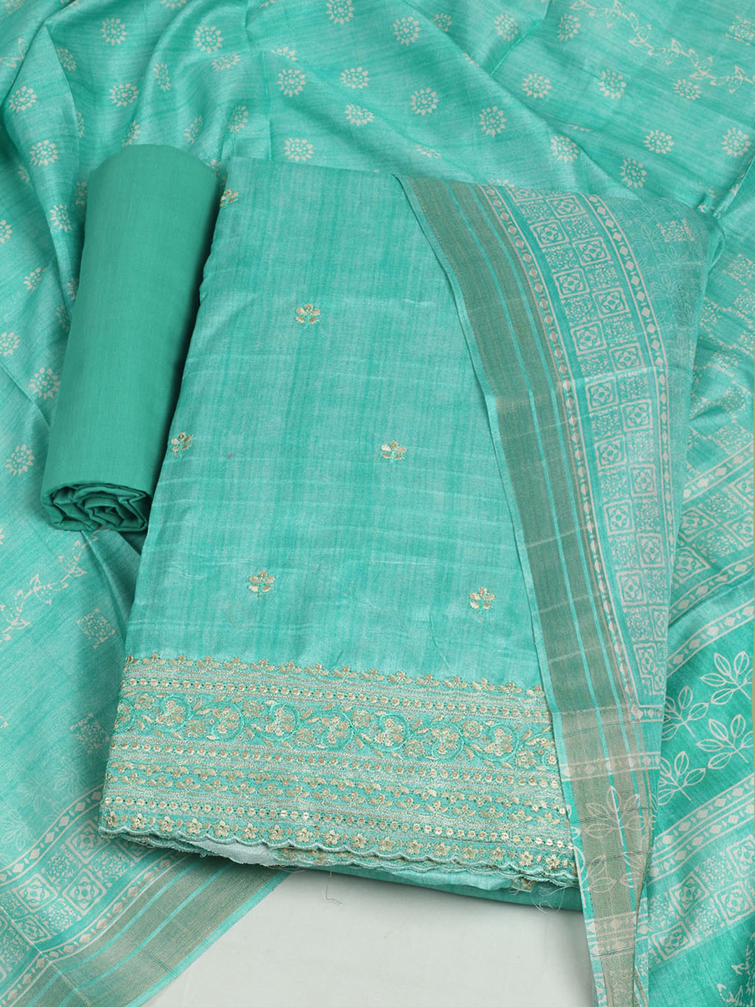 Embroidered Chanderi Unstitched Suit With Pant &amp; Dupatta