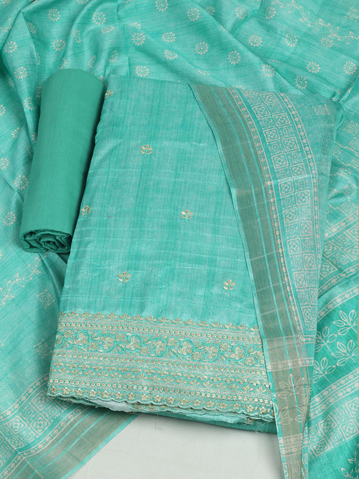 Embroidered Chanderi Unstitched Suit With Pant &amp; Dupatta