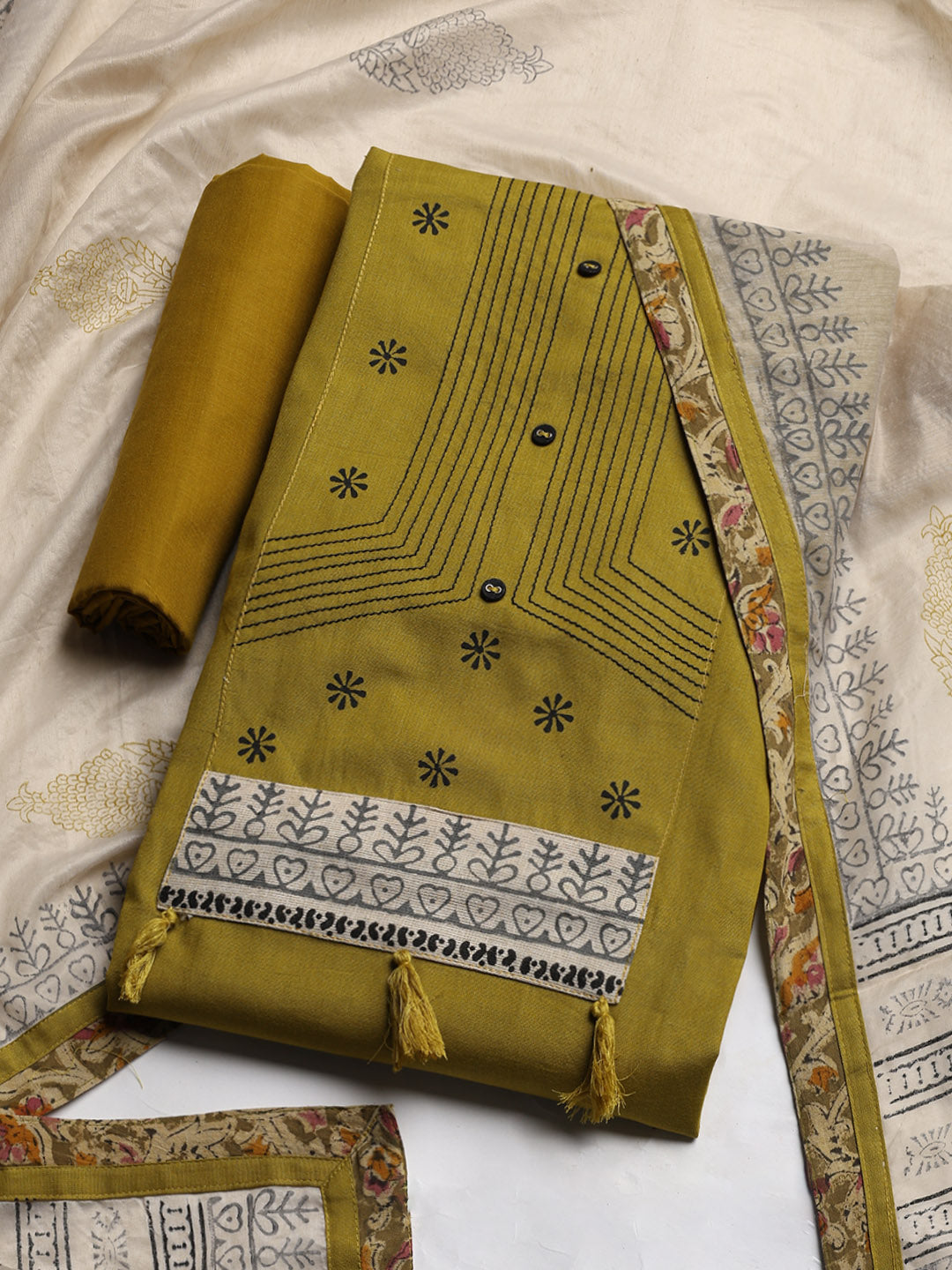Neck Embroidered Cotton Blend Unstitched Suit With Dupatta