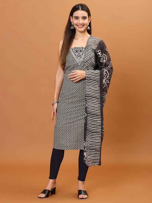 Neck Embroidery & Printed Cotton Unstitched Suit Piece With Dupatta