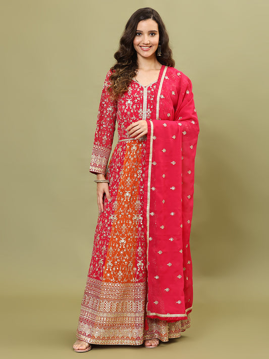 Embroidered Sequin Georgette Anarkali With Pants & Dupatta