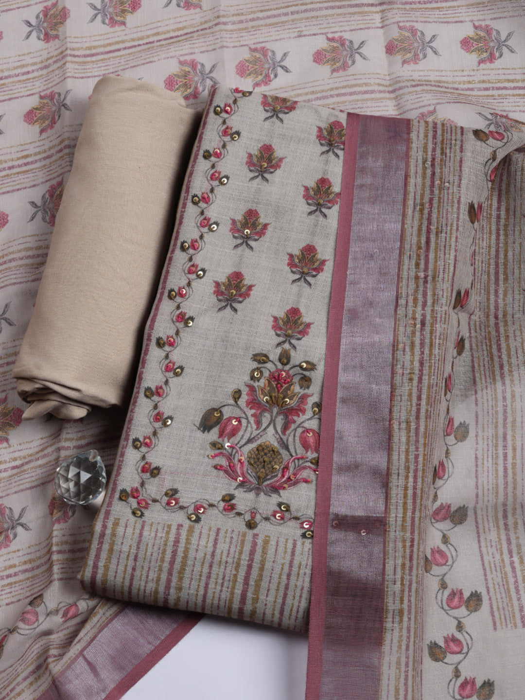 Printed Linen Blend Unstitched Suit With Pant &amp; Dupatta