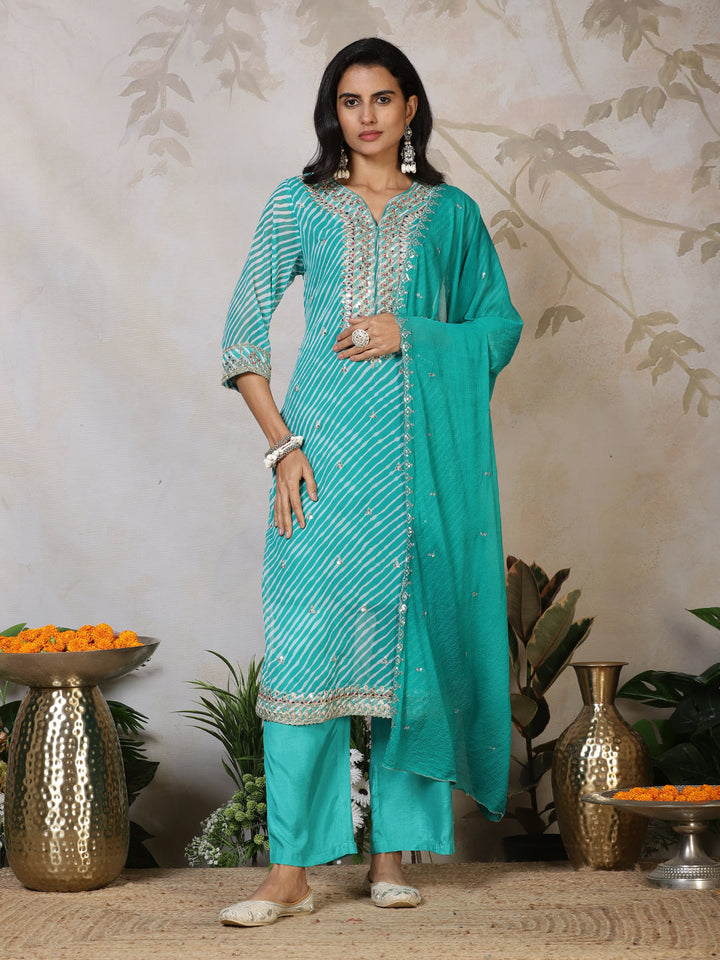 Embroidered Georgette Kurta With Pants &amp; Dupatta