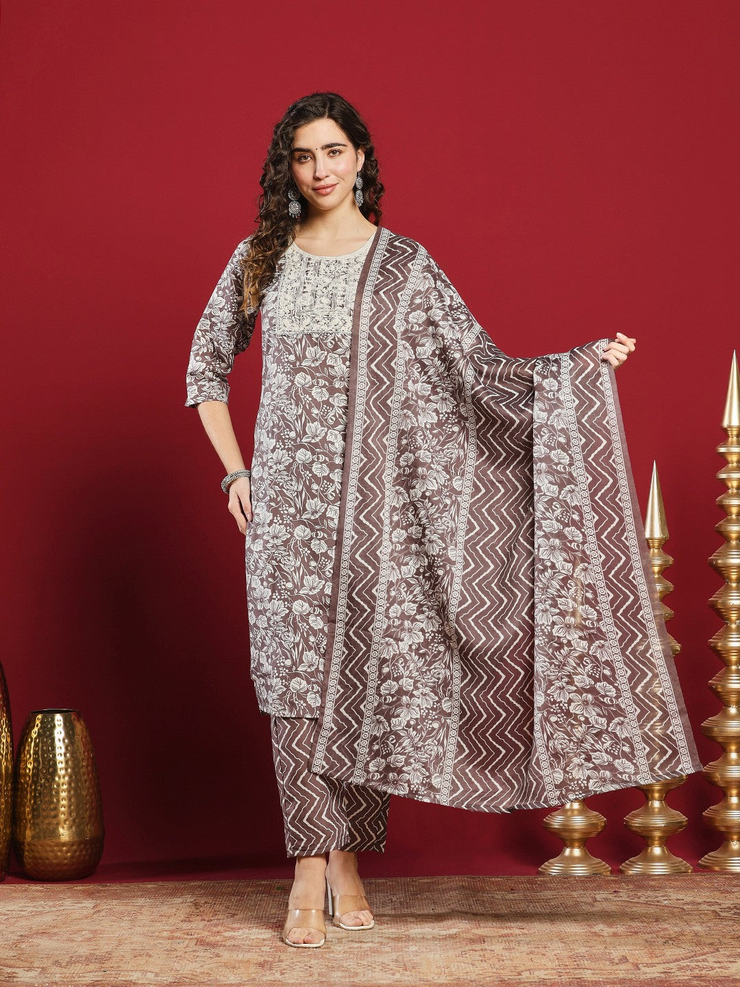 Printed Cotton Kurta With Pant &amp; Dupatta