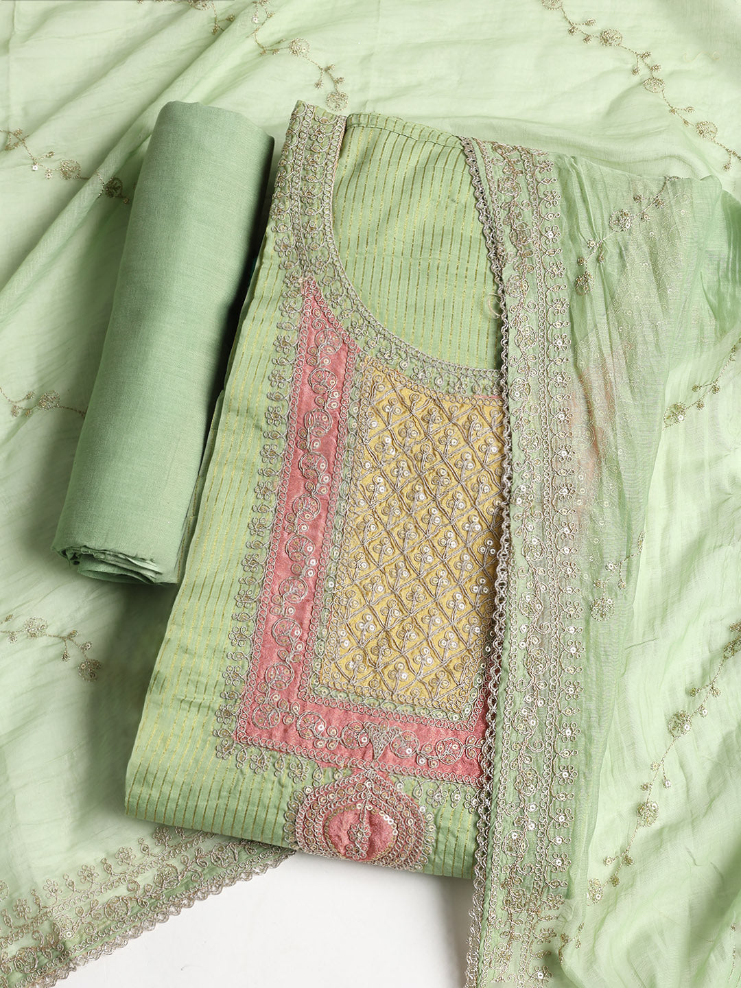 Neck Embroidered Chanderi Unstitched Suit With Dupatta