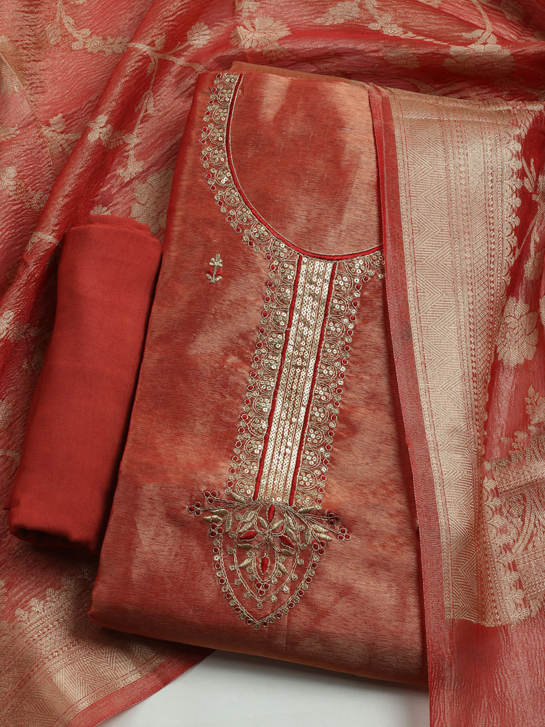 Embroidered Tissue Unstitched Kurta With Pant & Dupatta