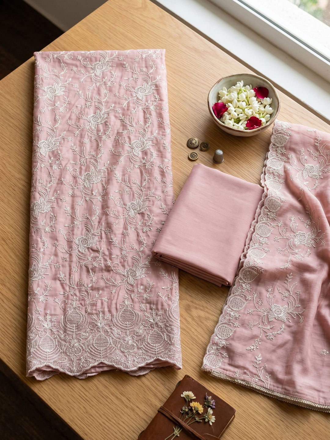 Neck Embroidered Cotton Blend Unstitched Suit With Dupatta