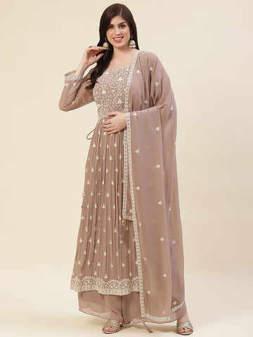 Resham Embroidered Booti Georgette Kurta With Palazzo & Dupatta