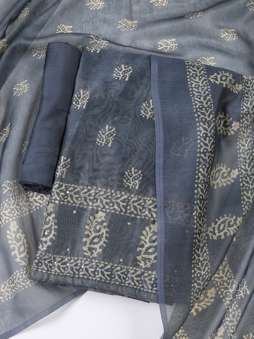 Embroidered Chanderi Unstitched Suit With Dupatta