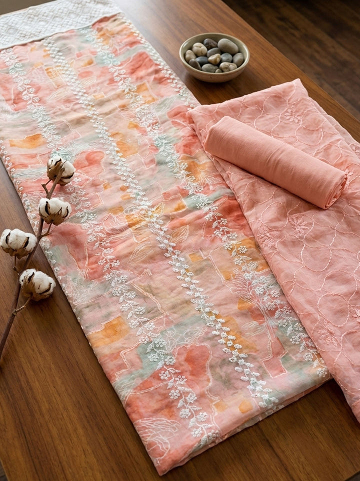 Printed Cotton Blend Unstitched Suit With Pant &amp; Dupatta