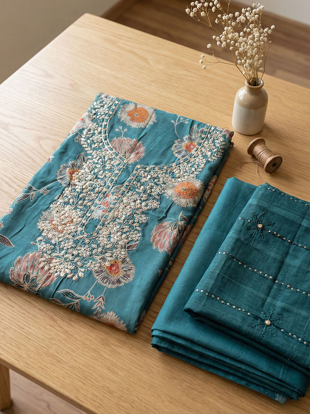 Embroidered Chanderi Unstitched Suit With Pant &amp; Dupatta