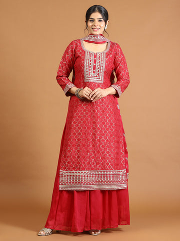 Neck Embroidery Banarasi Kurta With Palazzo & Dupatta