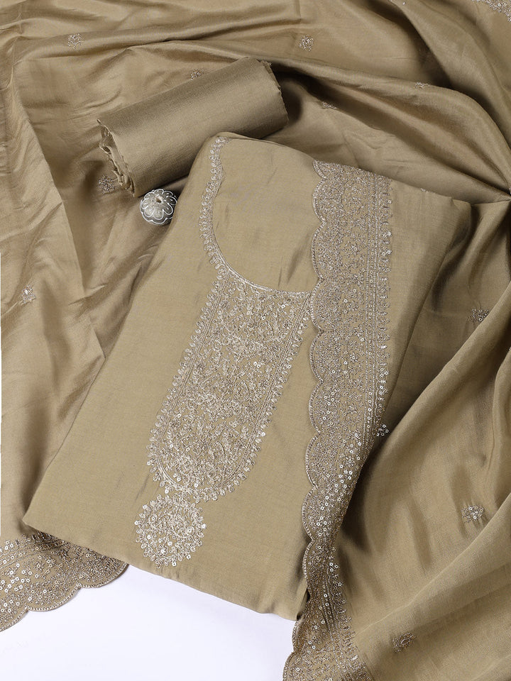 Neck Embroidered Chanderi Unstitched Suit Piece With Dupatta