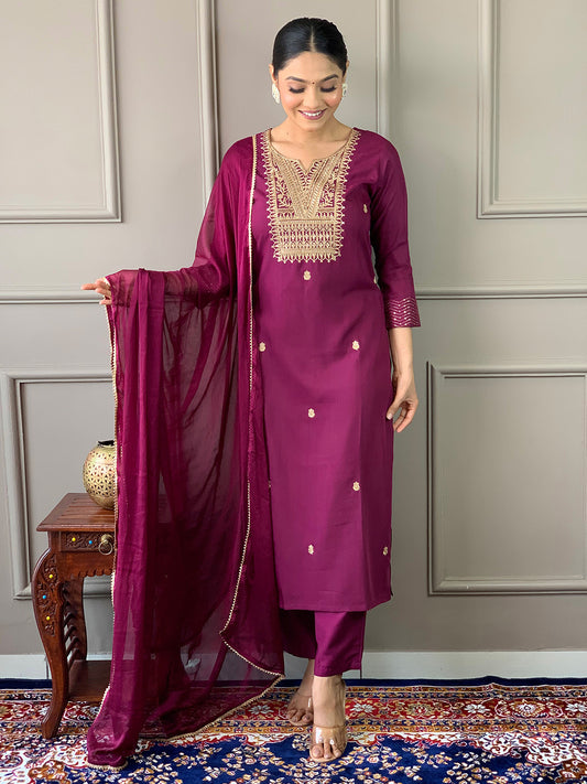 Neck Embroidered Cotton Blend Kurta With Pant & Dupatta