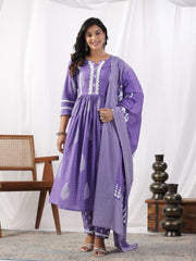 Printed Cotton Kurta With Pants & Dupatta With Bag