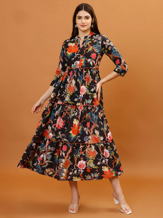 Floral Printed Cotton Blend Dress