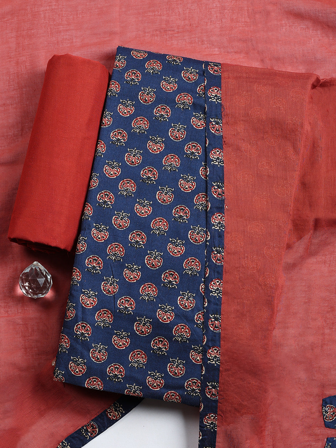 Printed Cotton Blend Unstitched Suit With Pant &amp; Dupatta