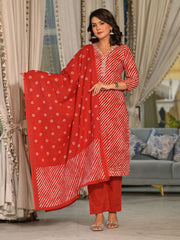 Leheriya Printed Cotton Suit Set With Dupatta