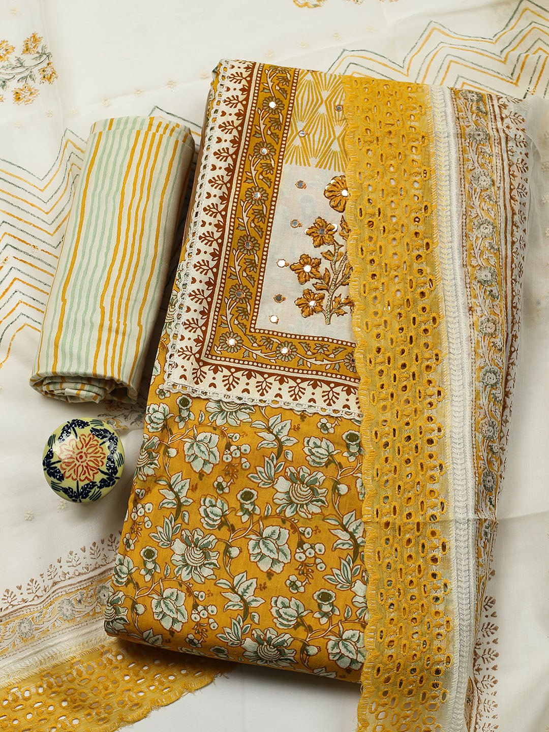 Printed Cotton Blend Unstitched Suit With Pant &amp; Dupatta