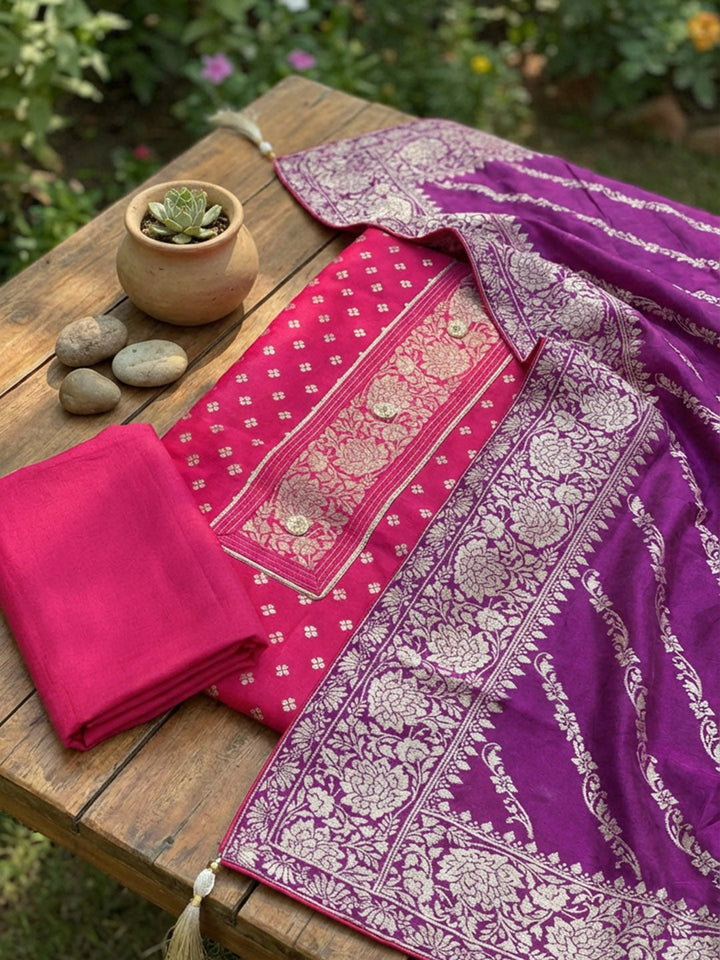 Woven Design Chanderi Unstitched Suit With Pant &amp; Dupatta