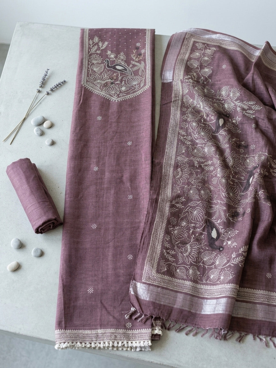 Embroidered Linen Blend Unstitched Suit With Pant &amp; Dupatta